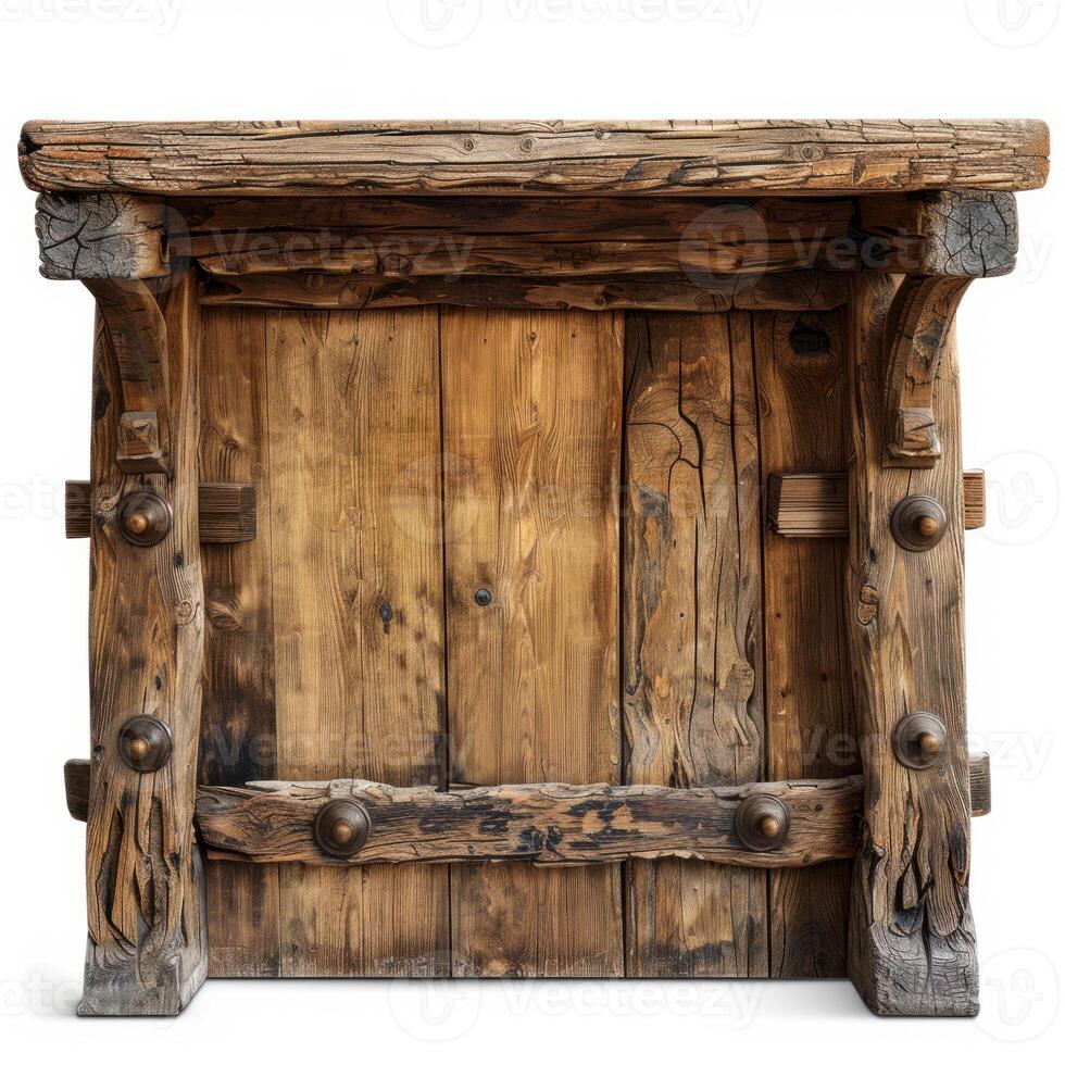 Old wooden door frame showing signs of weathering and age, isolated on white background photo
