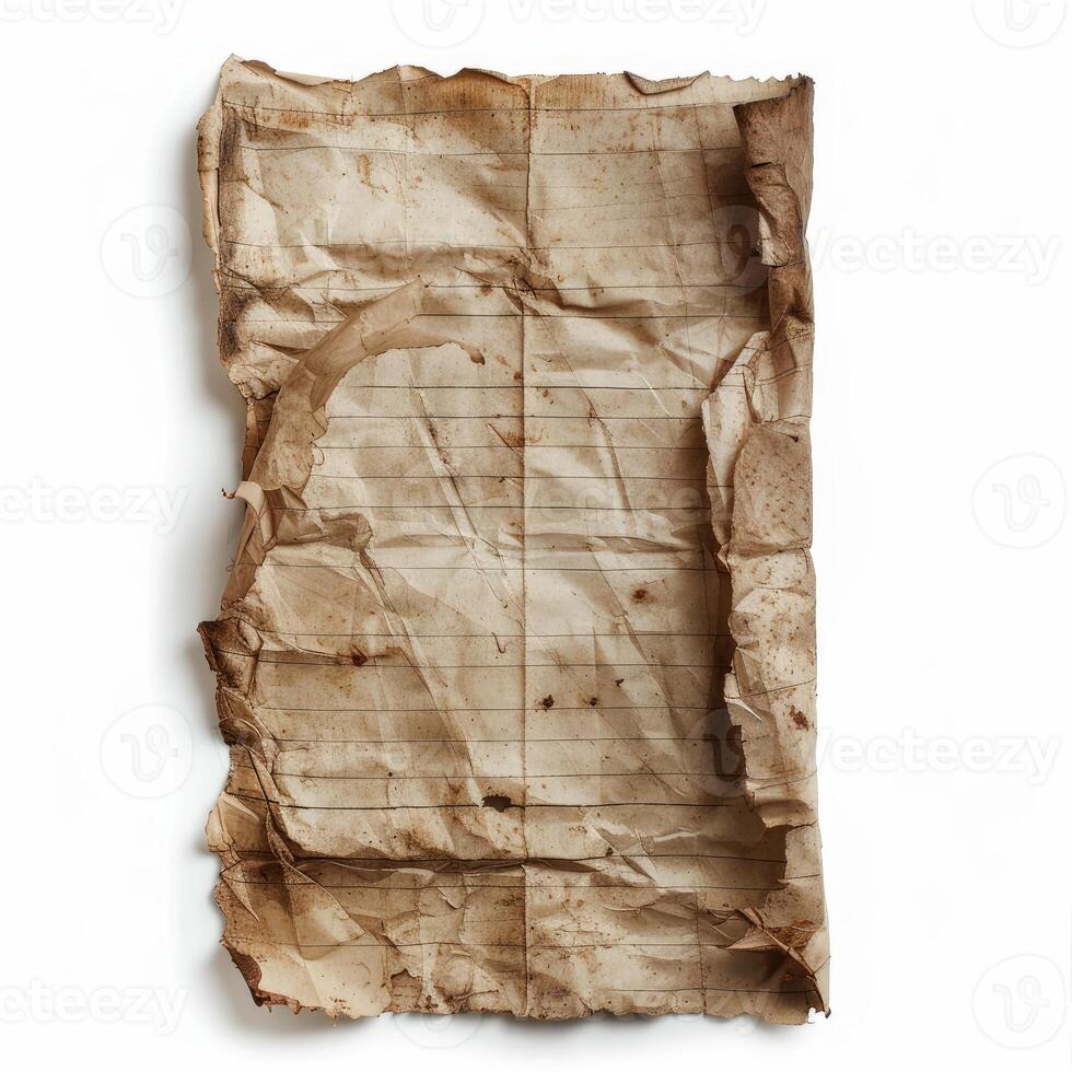 Old crumpled paper with burned edges isolated on white background photo