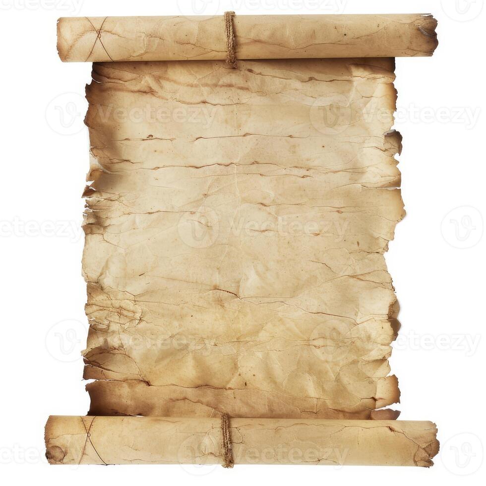 Old blank scroll tied with string on white background photo