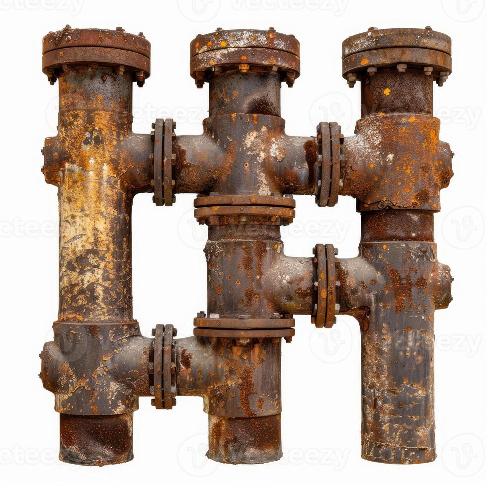 Rusty industrial pipes forming an h shape on white background photo
