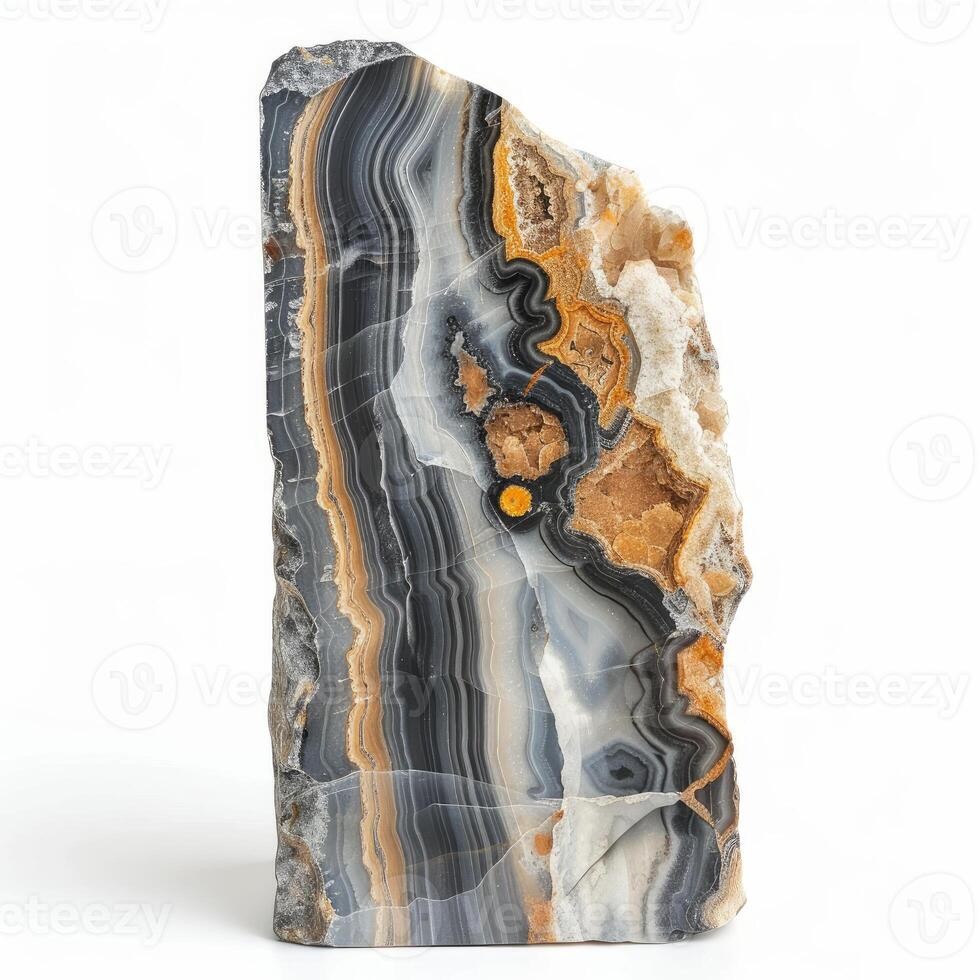 Polished agate showing beautiful layers and patterns on white background photo