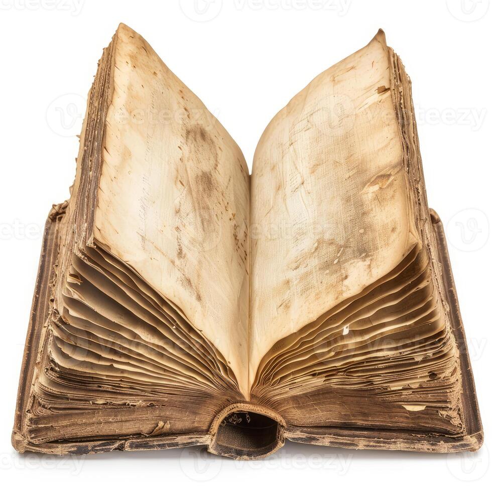 Open old book showing textured pages and binding on white background photo