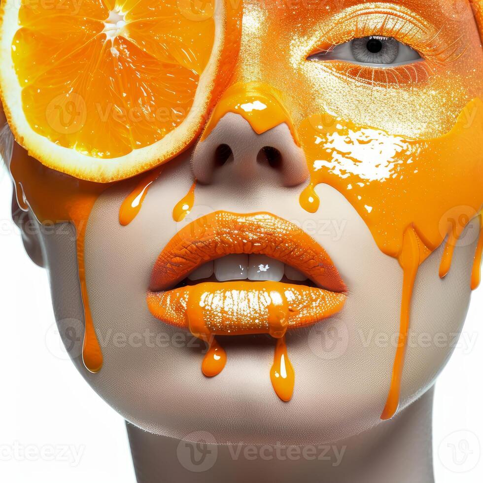 Orange juice dripping from model face with orange slice on eye photo