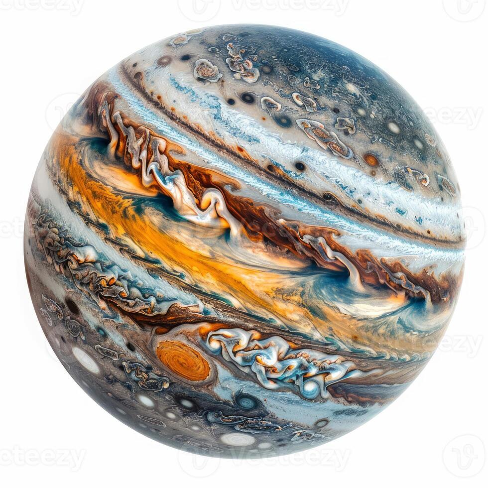 Jupiter planet rotating showing colorful stripes and great red spot photo