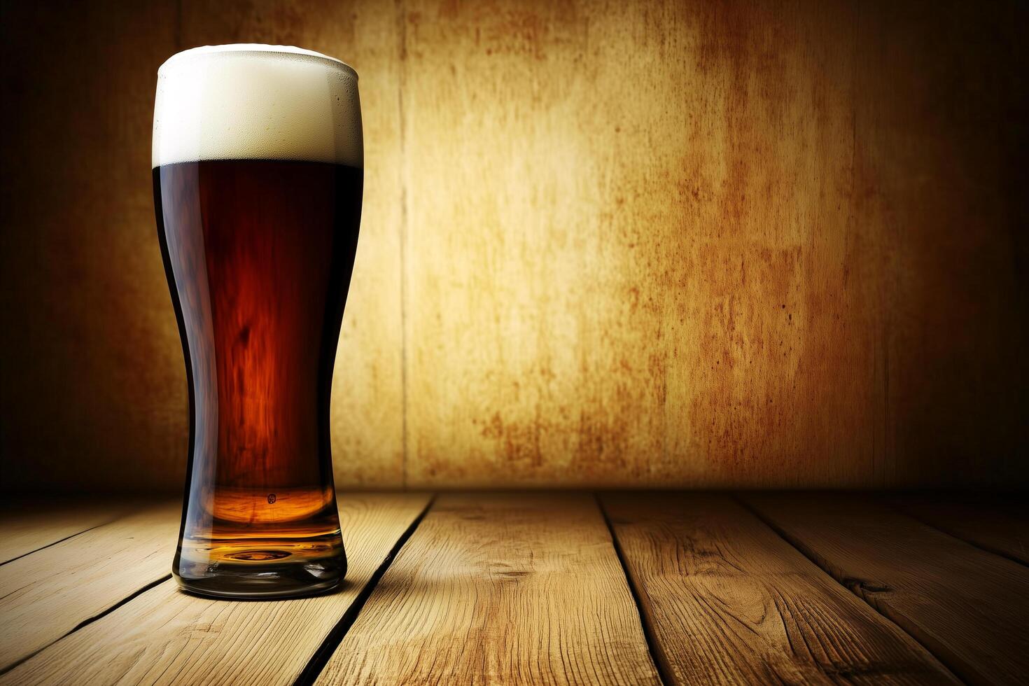 Freshly Poured Beer in Glass with Bubbles and Froth Against Wooden Background photo