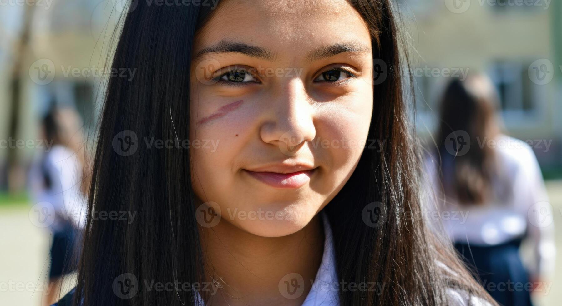 Confident young hispanic female student outdoors in school uniform photo