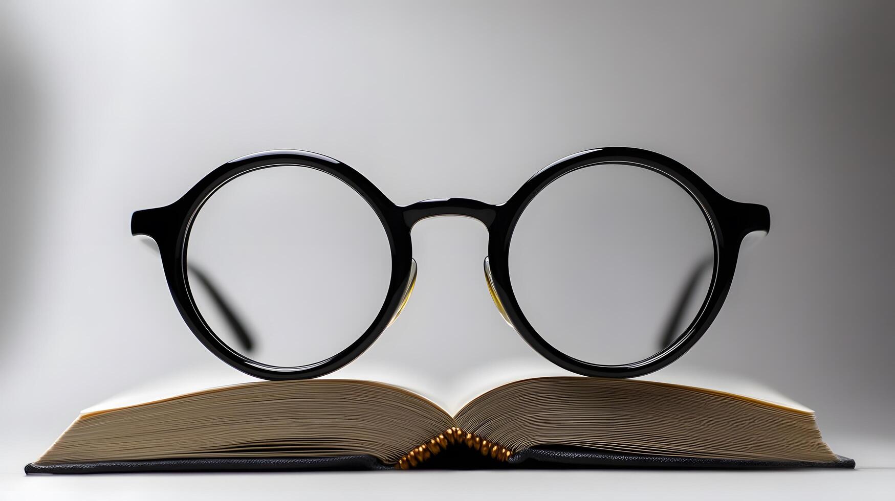 Black round glasses rest on closed book against pure white background. Minimalist composition emphasizes elegant simplicity through professional product photography with soft shadows and studio time photo