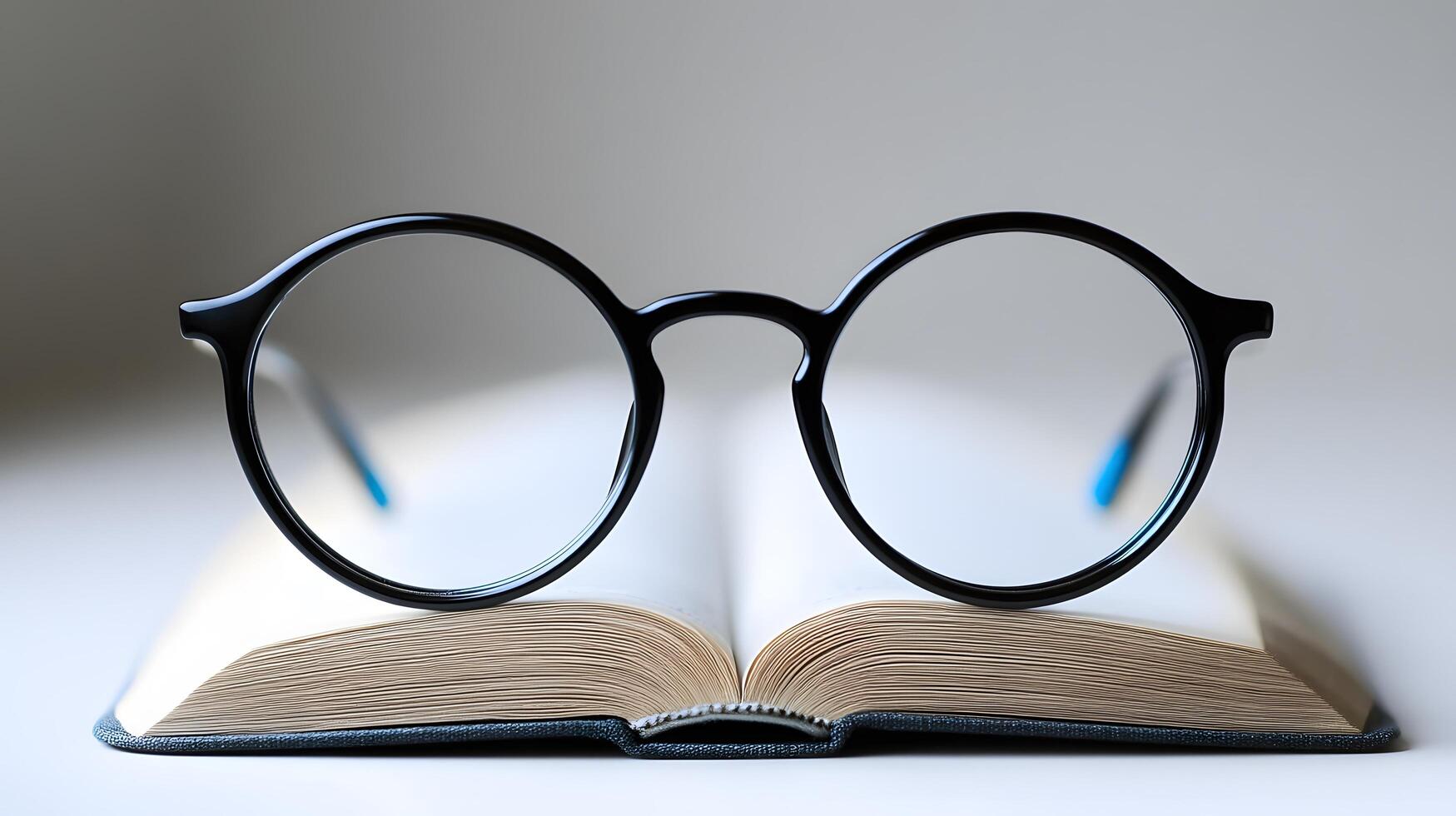 Black round glasses rest on closed book against pure white background. Minimalist composition emphasizes elegant simplicity through professional product photography with soft shadows and studio clas photo