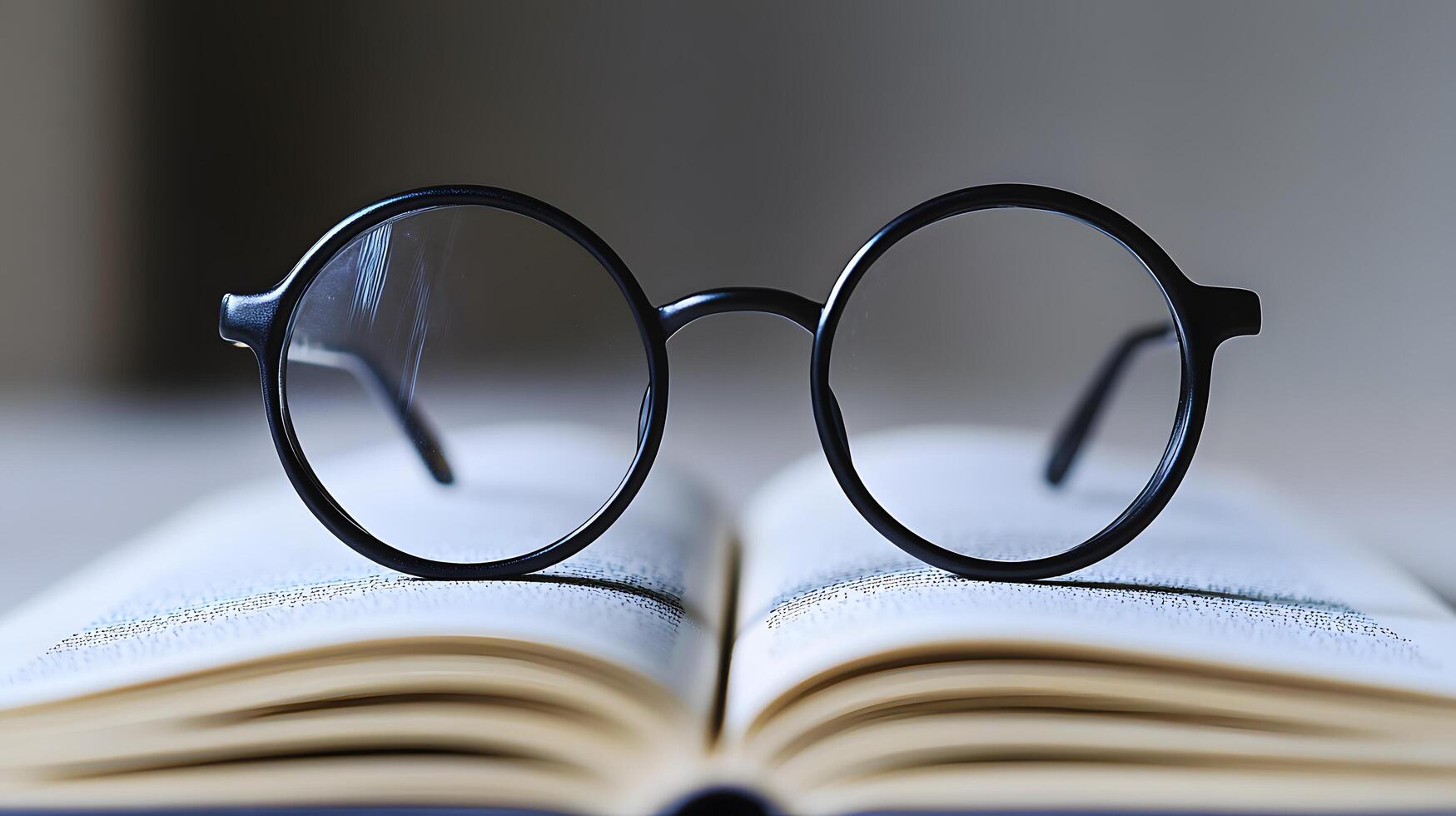 Black round glasses rest on closed book against pure white background. Minimalist composition emphasizes elegant simplicity through professional product photography with soft shadows and studio soph photo
