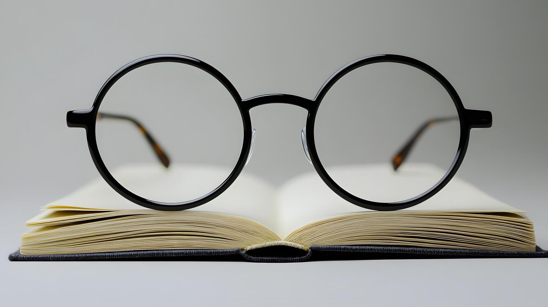 Black round glasses rest on closed book against pure white background. Minimalist composition emphasizes elegant simplicity through professional product photography with soft shadows and studio educ photo