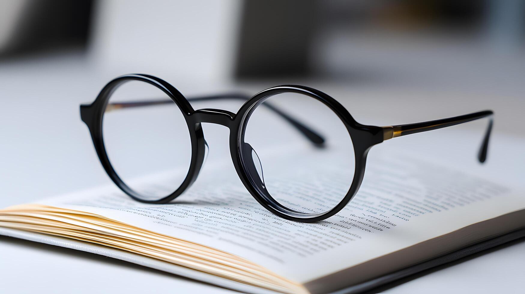 Black round glasses rest on closed book against pure white background. Minimalist composition emphasizes elegant simplicity through professional product photography with soft shadows and studio book photo