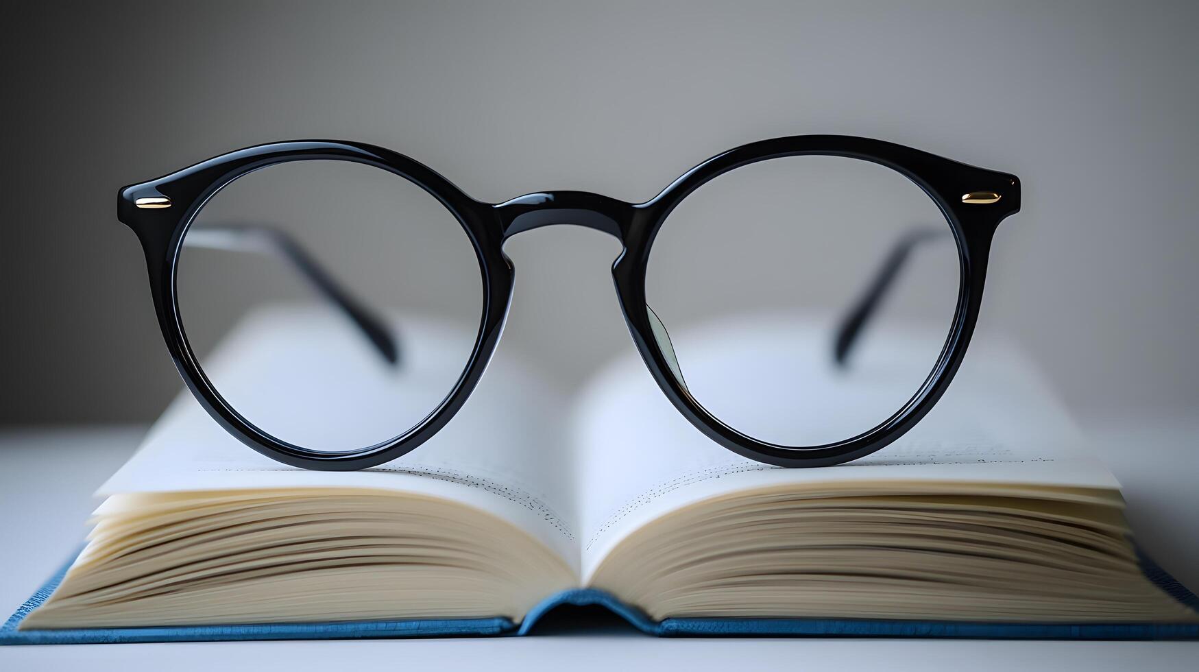 Black round glasses rest on closed book against pure white background. Minimalist composition emphasizes elegant simplicity through professional product photography with soft shadows and studio glas photo