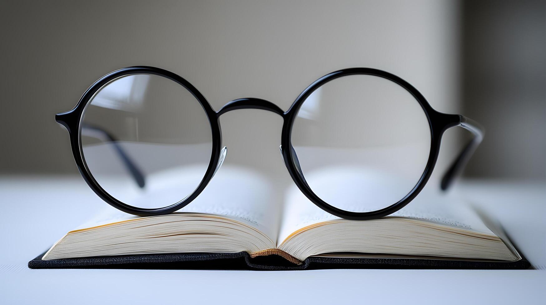 Black round glasses rest on closed book against pure white background. Minimalist composition emphasizes elegant simplicity through professional product photography with soft shadows and studio blac photo