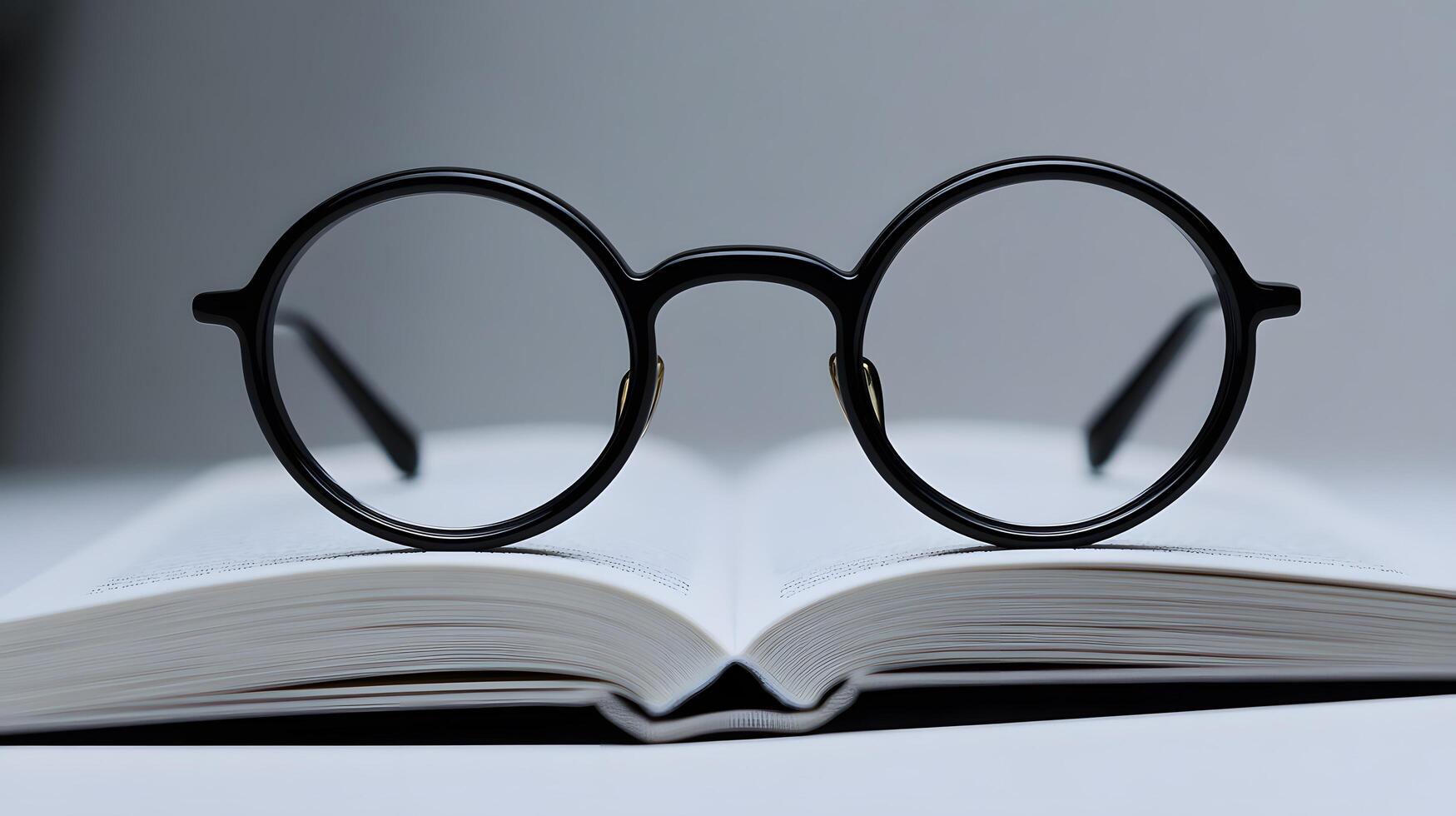 Black round glasses rest on closed book against pure white background. Minimalist composition emphasizes elegant simplicity through professional product photography with soft shadows and studio roun photo