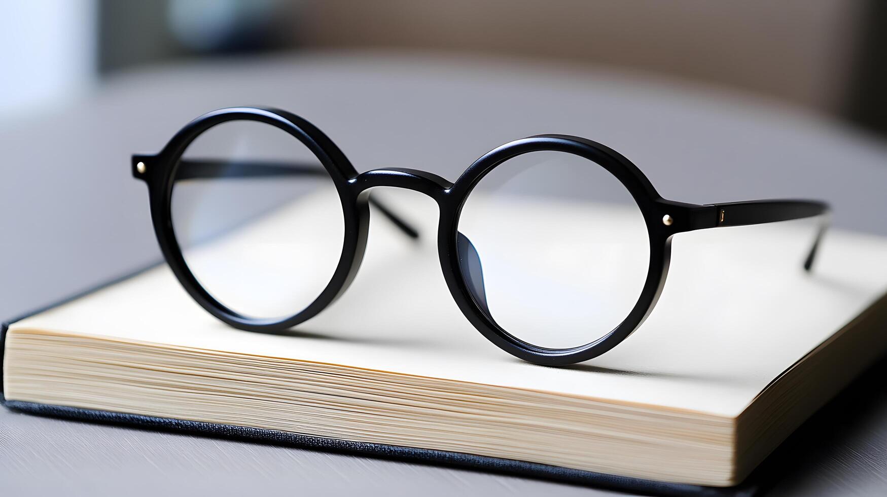 Black round glasses rest on closed book against pure white background. Minimalist composition emphasizes elegant simplicity through professional product photography with soft shadows and studio comp photo