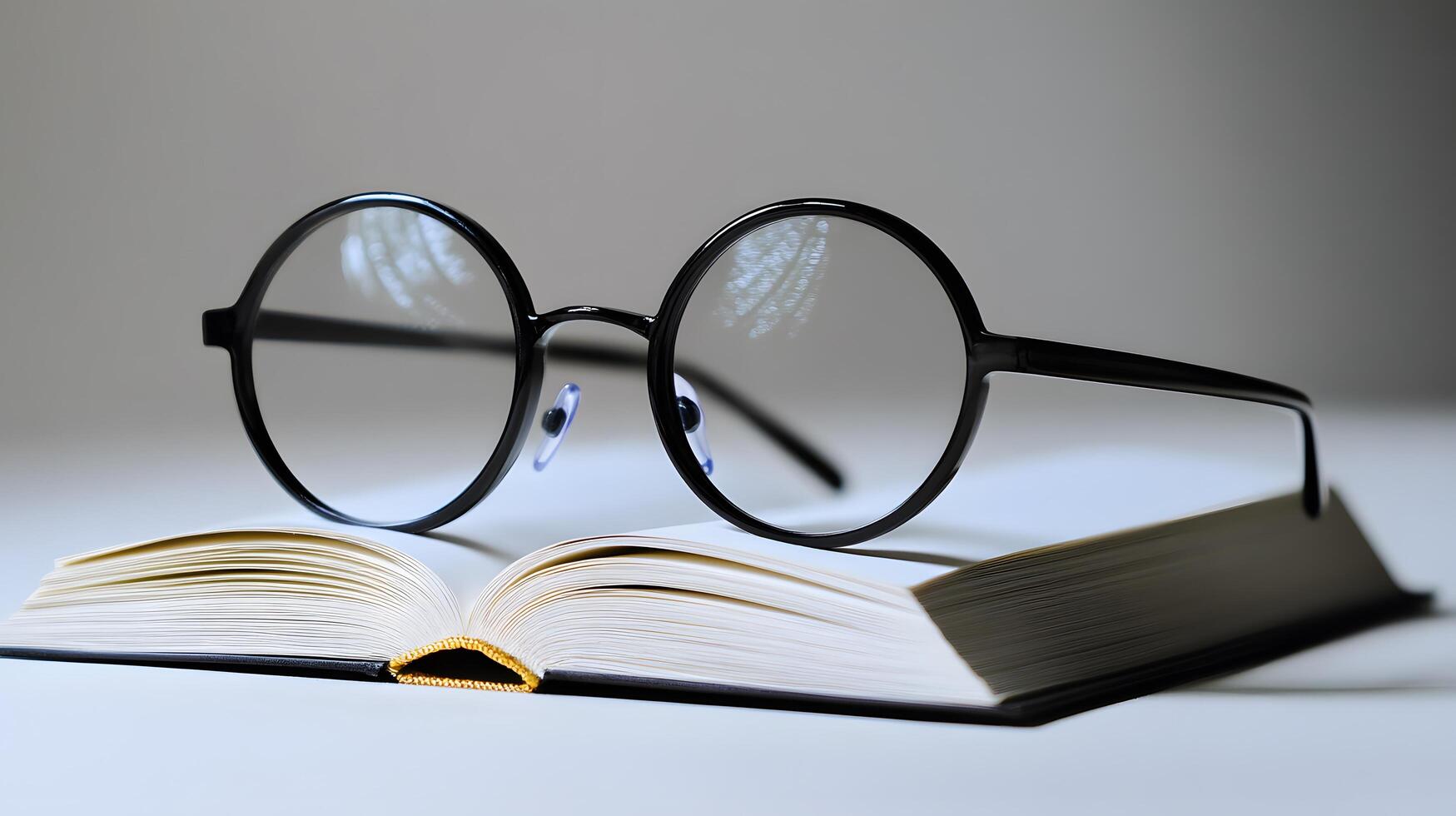 Black round glasses rest on closed book against pure white background. Minimalist composition emphasizes elegant simplicity through professional product photography with soft shadows and studio mini photo