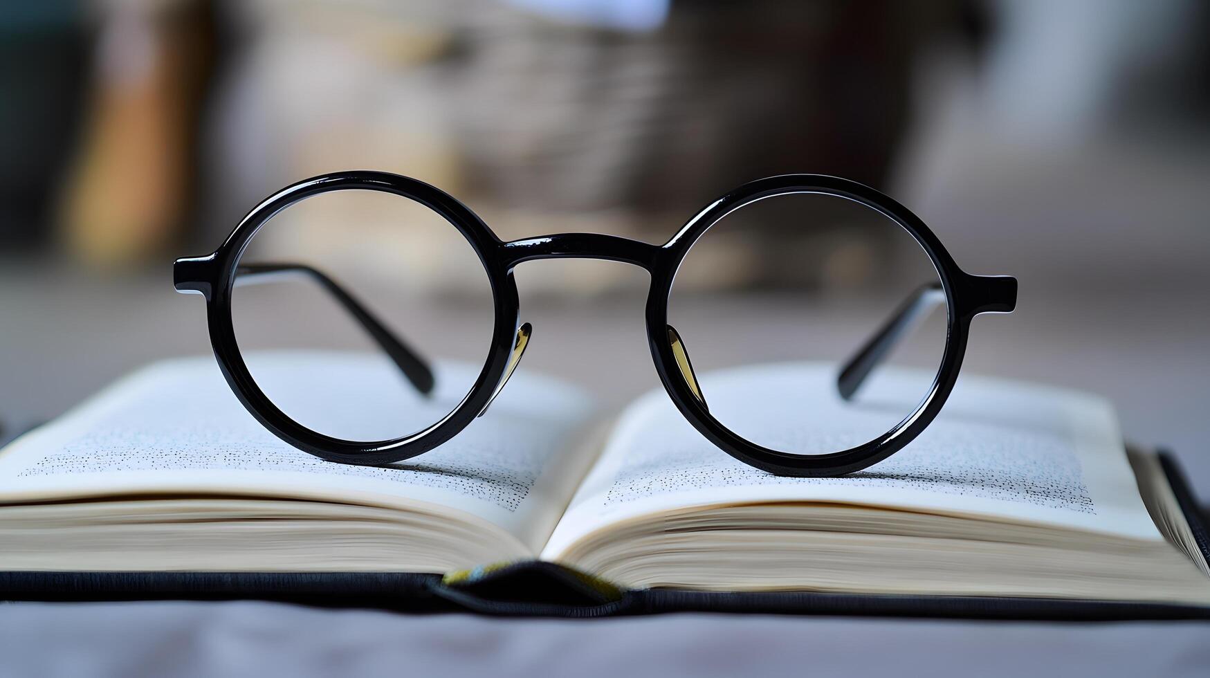 Black round glasses rest on closed book against pure white background. Minimalist composition emphasizes elegant simplicity through professional product photography with soft shadows and studio whit photo