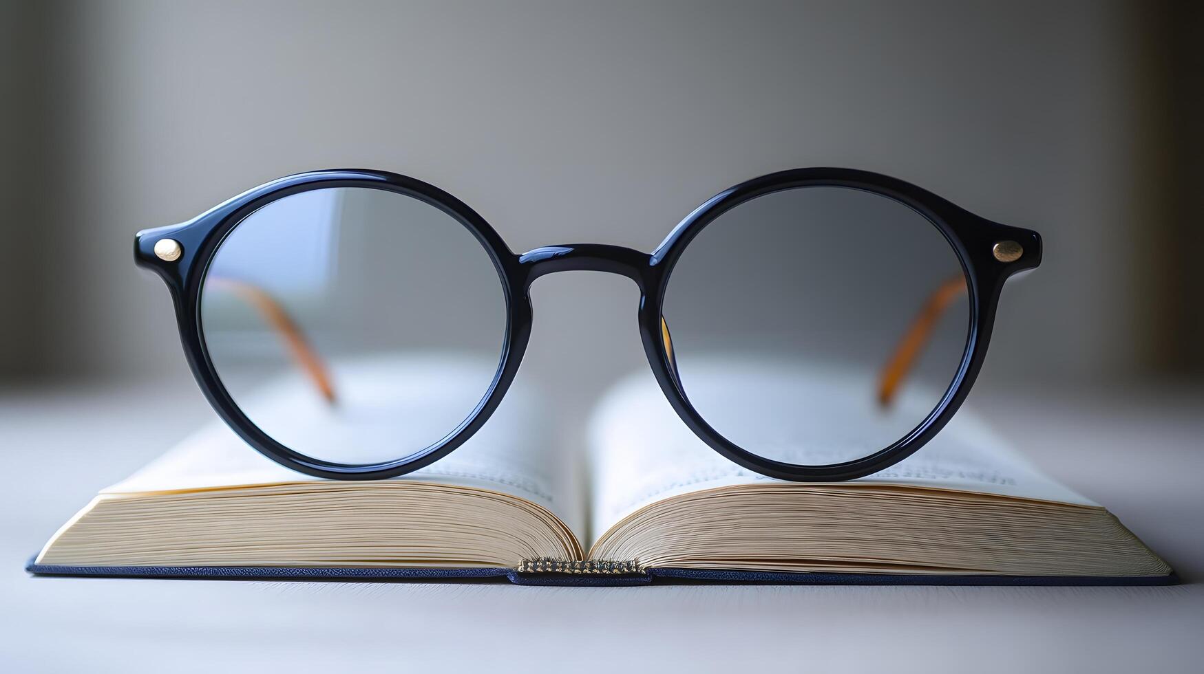 Black round glasses rest on closed book against pure white background. Minimalist composition emphasizes elegant simplicity through professional product photography with soft shadows and studio ligh photo
