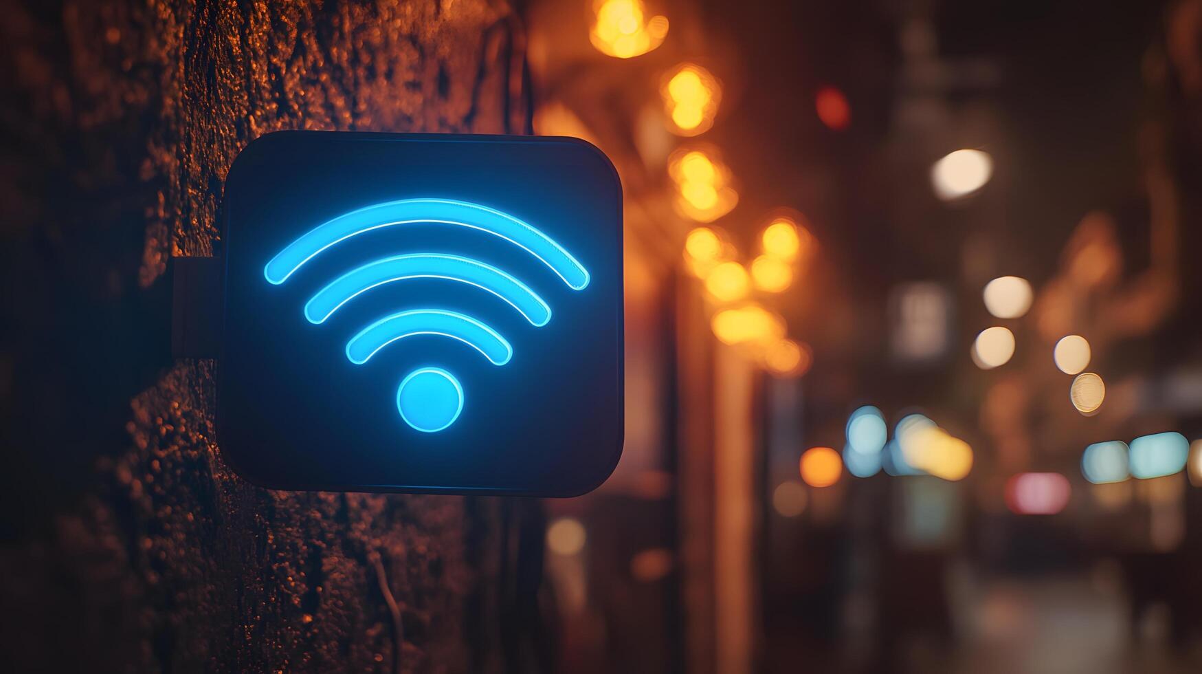 Glowing blue WiFi symbol illuminates wall-mounted sign in modern design. Technology icon stands out in evening atmosphere with bokeh lights creating dark, moody setting. technology photo