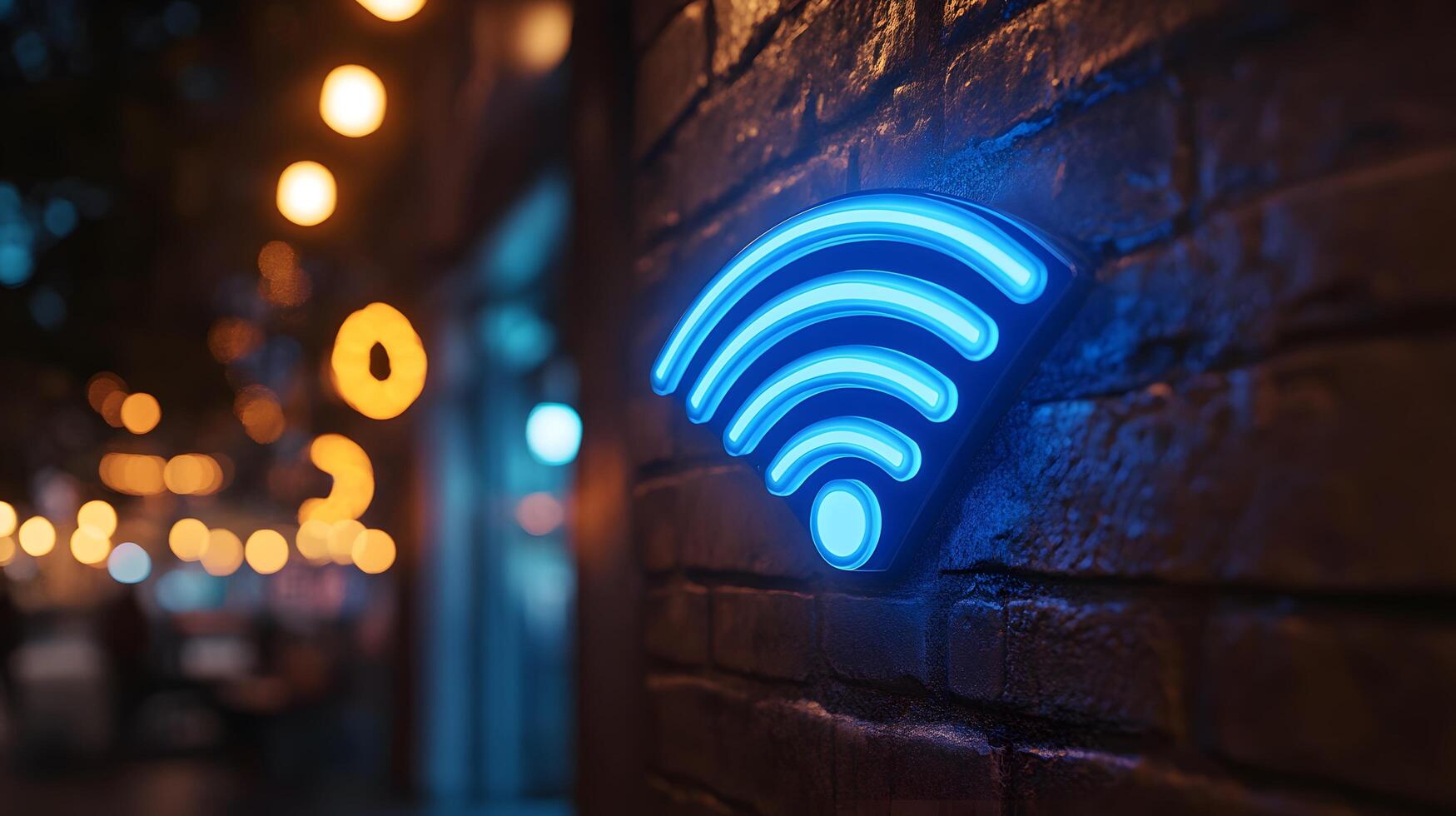 Glowing blue WiFi symbol illuminates wall-mounted sign in modern design. Technology icon stands out in evening atmosphere with bokeh lights creating dark, moody setting. blue photo