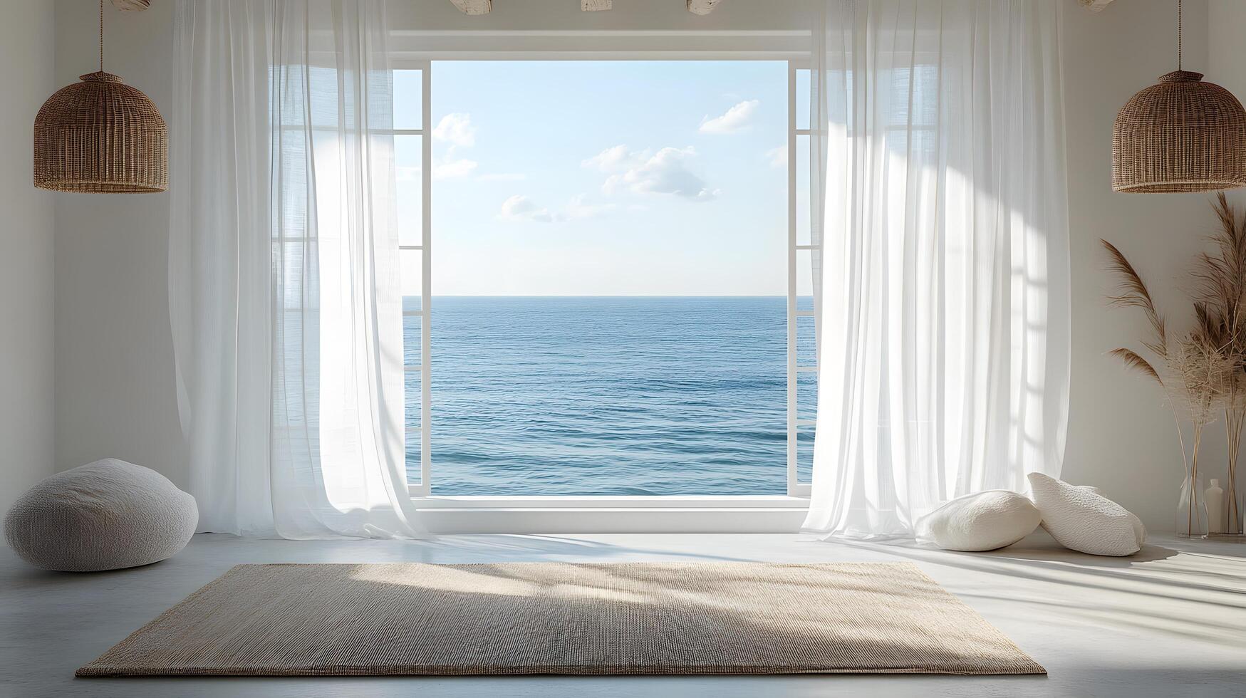 Modern interior showcases ocean view through window with flowing white sheer curtains. Pendant lamps and white windowsill complement coastal design, creating serene atmosphere wit natural daylight. photo