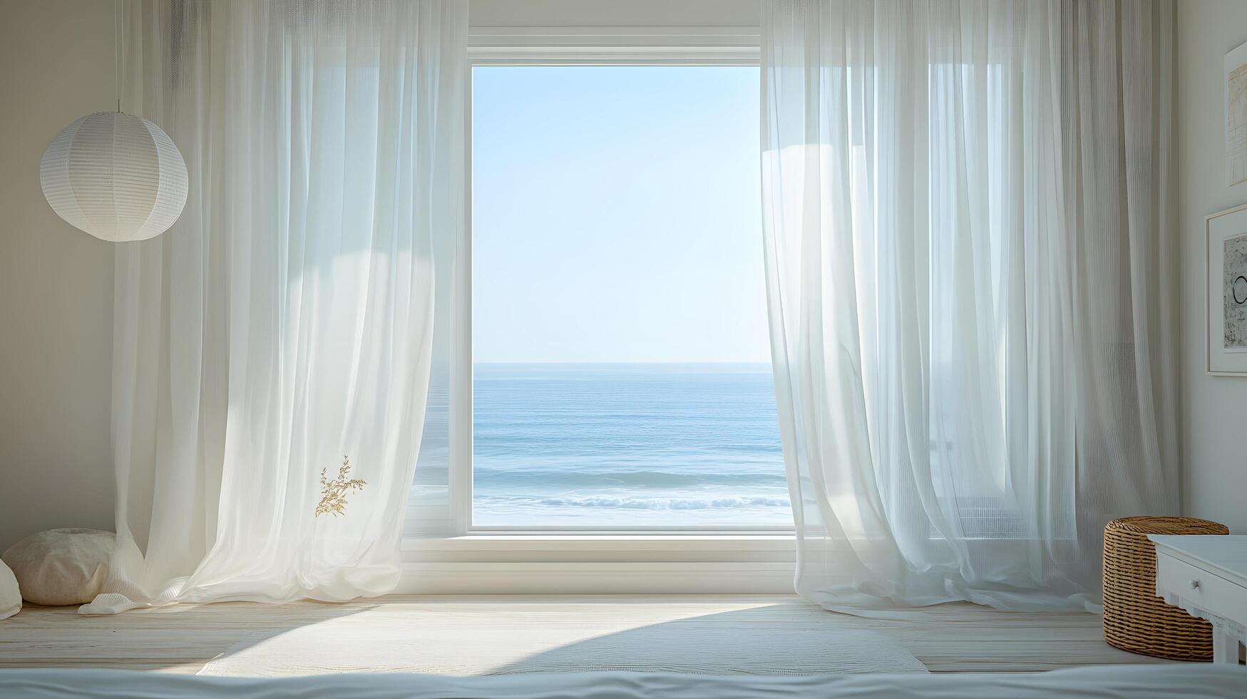 Modern interior showcases ocean view through window with flowing white sheer curtains. Pendant lamps and white windowsill complement coastal design, creating atmosphere with natural daylight. photo