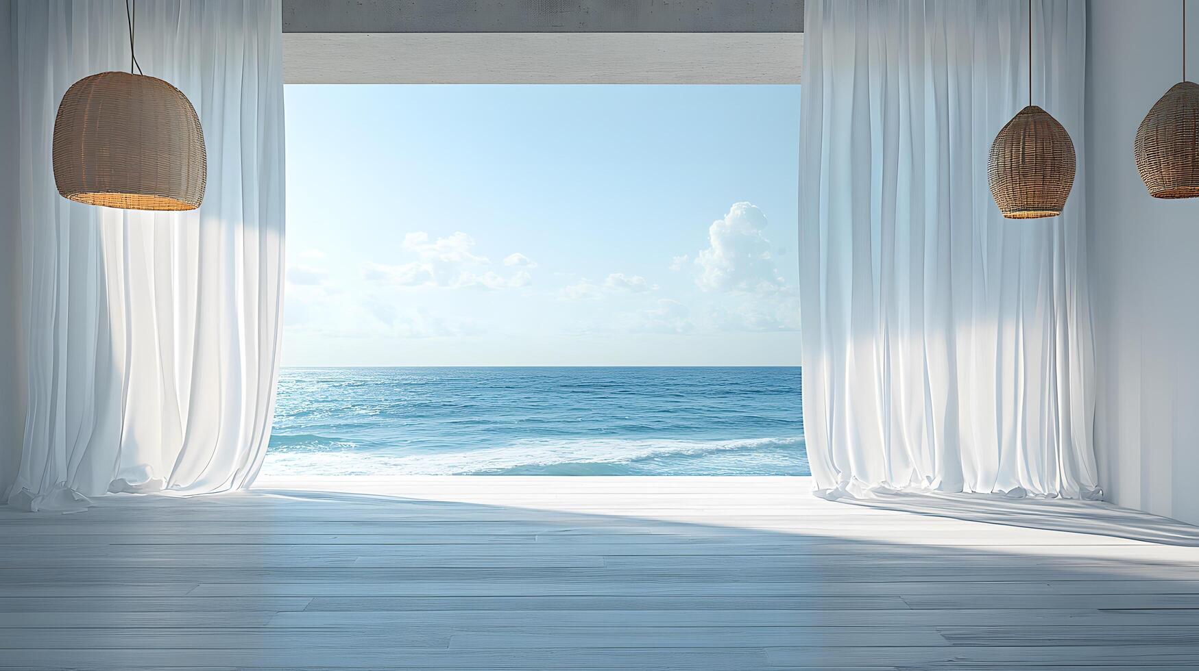Modern interior showcases ocean view through window with flowing white sheer curtains. Pendant lamps and white windowsill complement coastal design, creating serene atmosphere with natural daylightq. photo