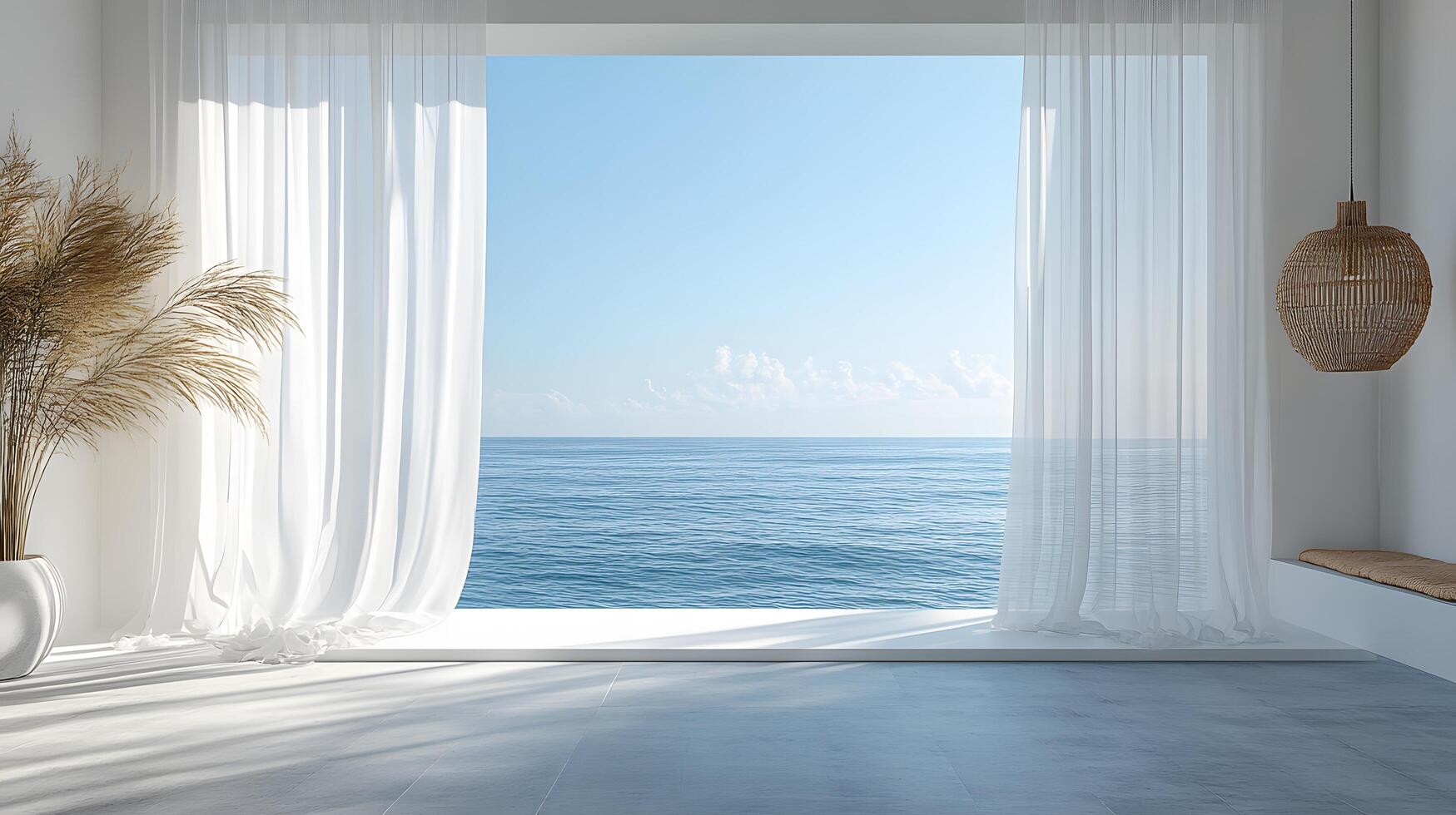 Modern interior showcases view through window with flowing white sheer curtains. Pendant lamps and white windowsill complement coastal design, creating serene atmosphere with natural daylight. photo