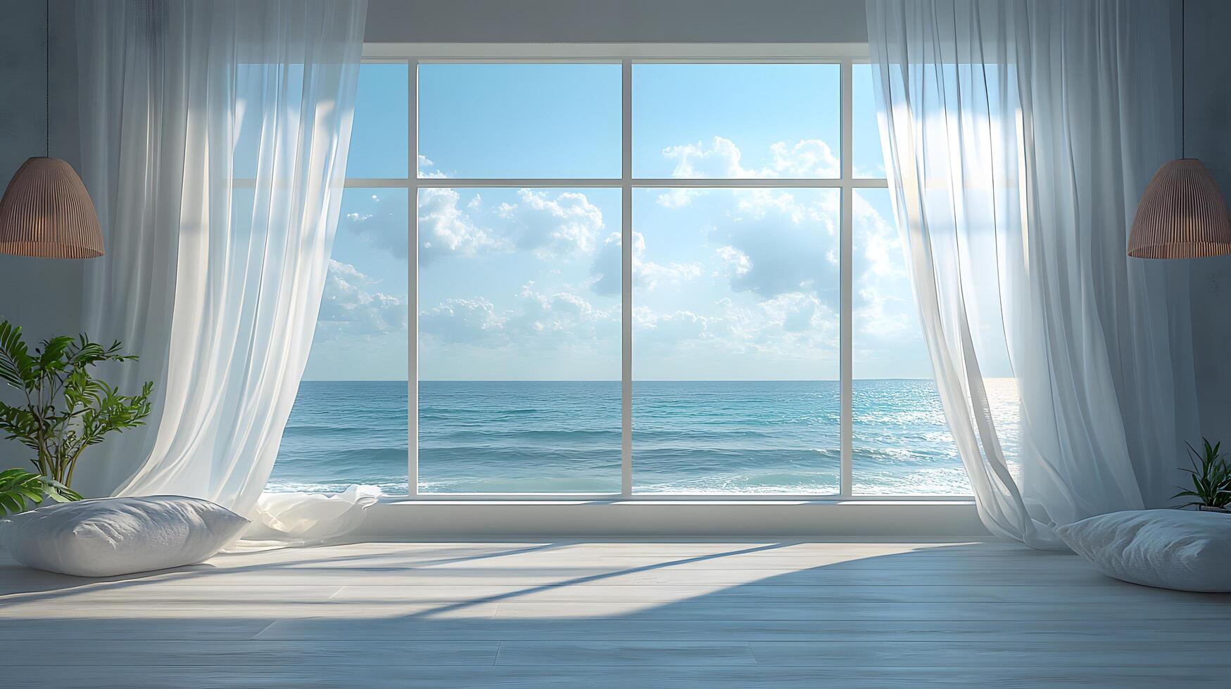 Modern interior showcases ocean view through window with flowing white sheer curtains. Pendant lamps and white windowsill complement coastal design, creating serene atmosphere with natural daylight.qq photo