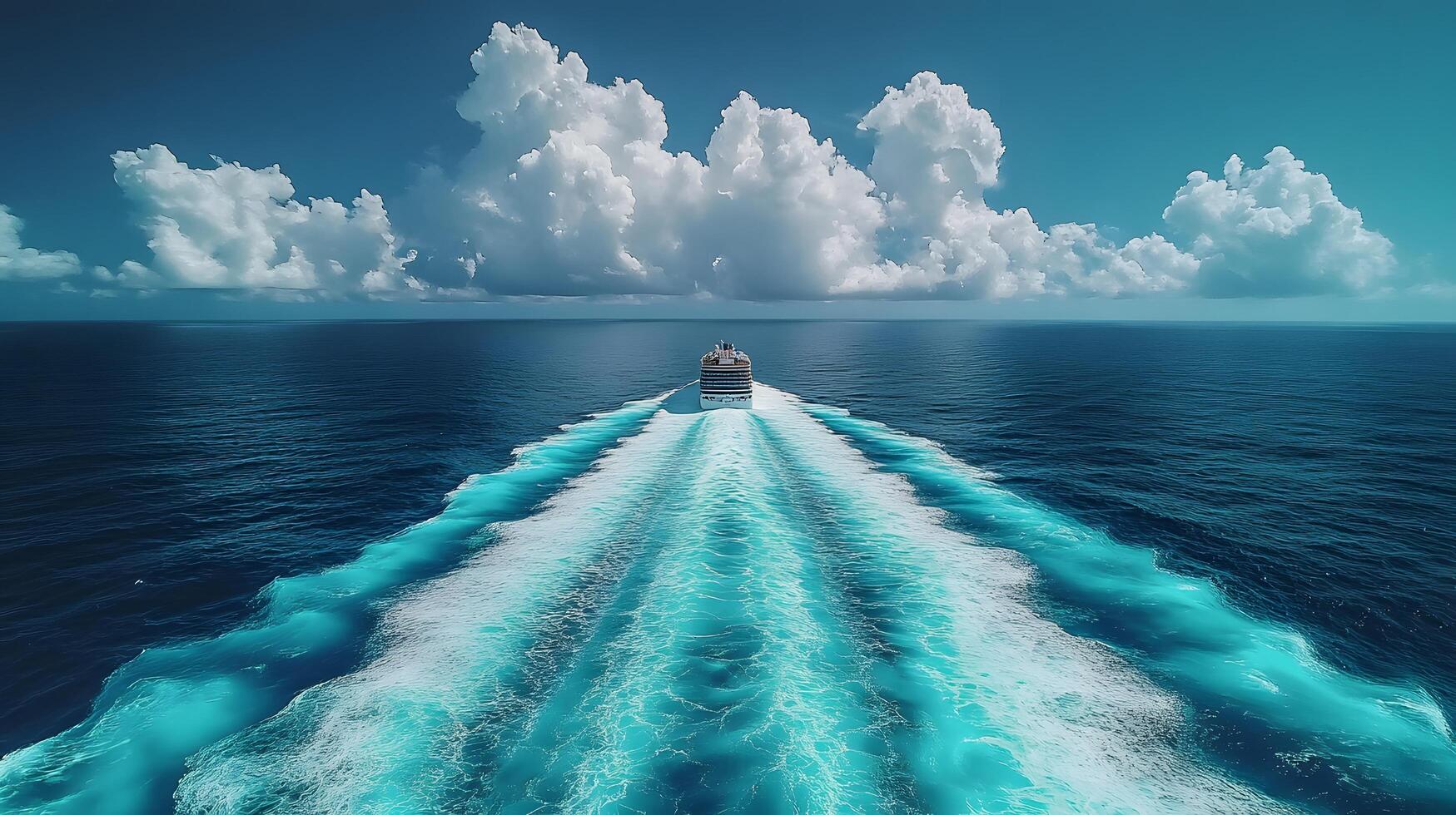 Ocean wake pattern stretches behind cruise ship in aerial view. Deep blue sea meets bright sky with white clouds, while turquoise foam trails create dynamic water movement on sunny day. aerial photo