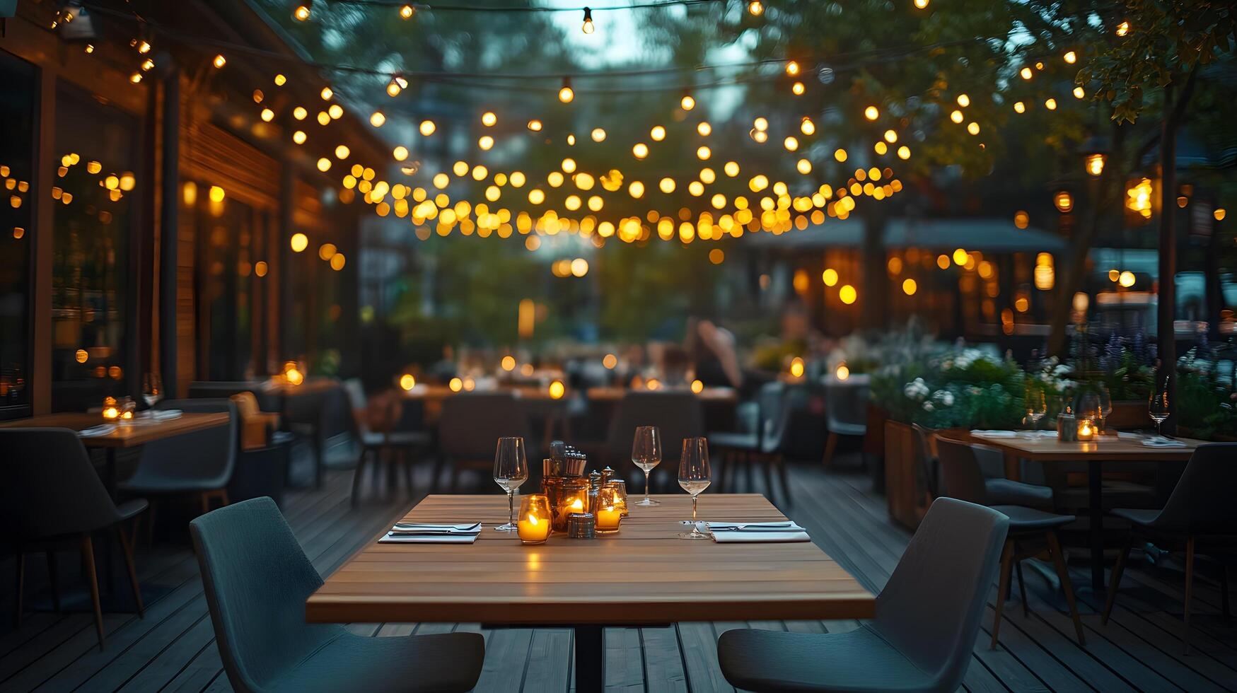 Outdoor restaurant terrace features wooden dining tables and modern grey chairs, illuminated by string lights. Deck flooring and candlelight create warm evening ambiance for cozy patio furniture photo
