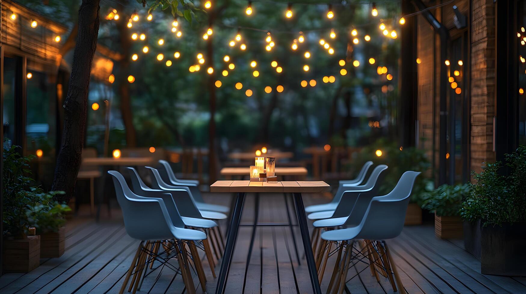 Outdoor restaurant terrace features wooden dining tables and modern grey chairs, illuminated by string lights. Deck flooring and candlelight create warm evening ambiance for cozy patio chairs photo