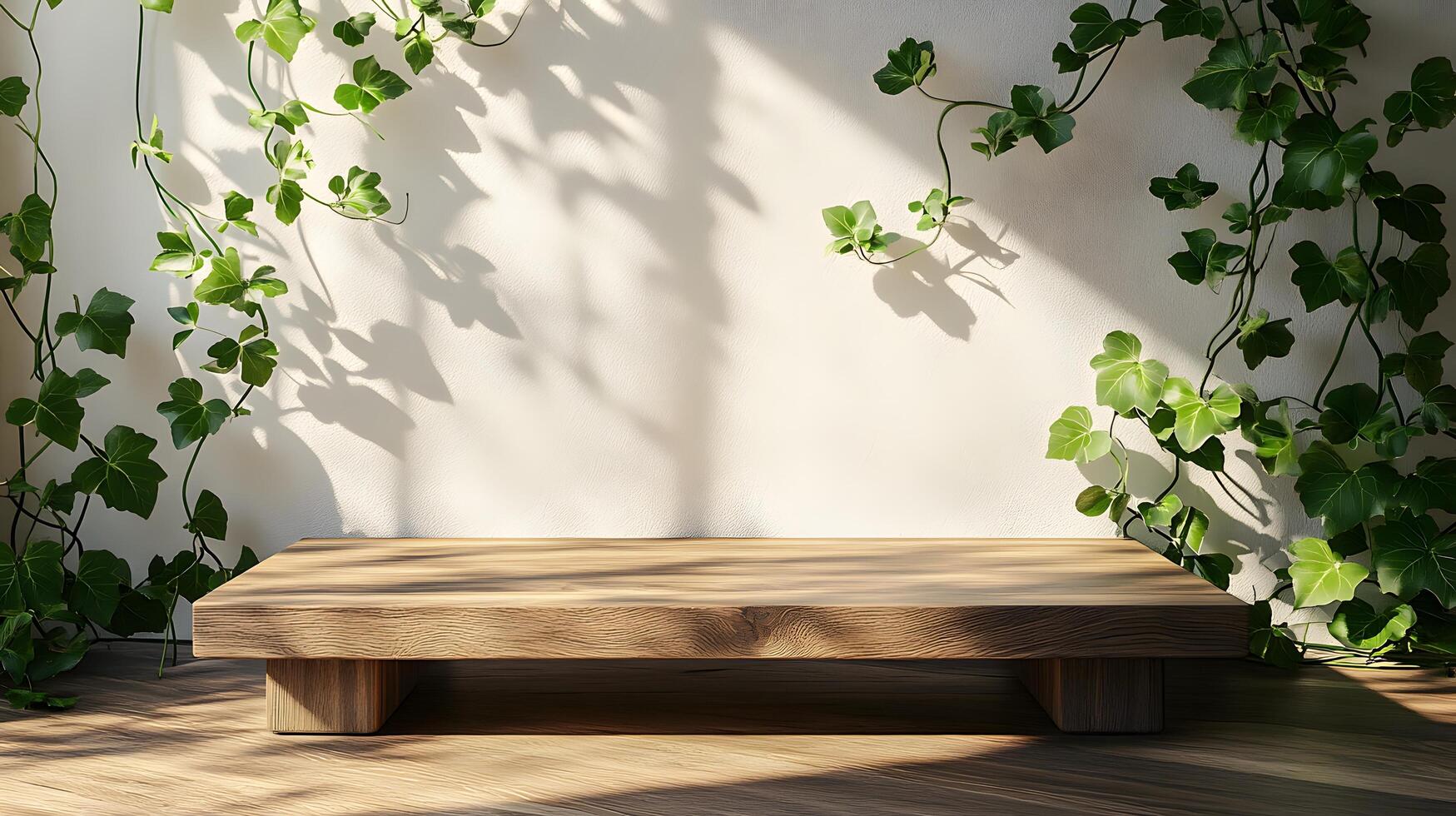 Wooden display platform made of brown oak presents minimalist stage design. Green ivy leaves frame the elegant presentation space against white wall, enhanced by natural sunlight and soft shadows. su photo