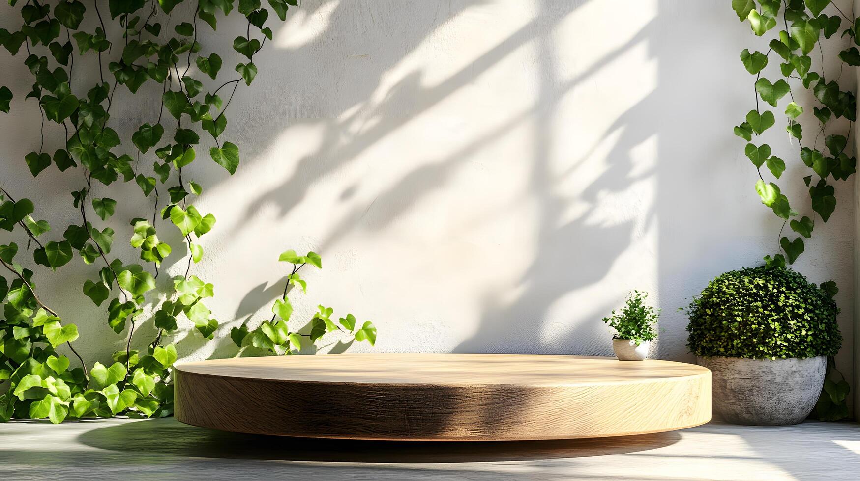 Wooden display platform made of brown oak presents minimalist stage design. Green ivy leaves frame the elegant presentation space against white wall, enhanced by natural sunlight and soft shadows. br photo