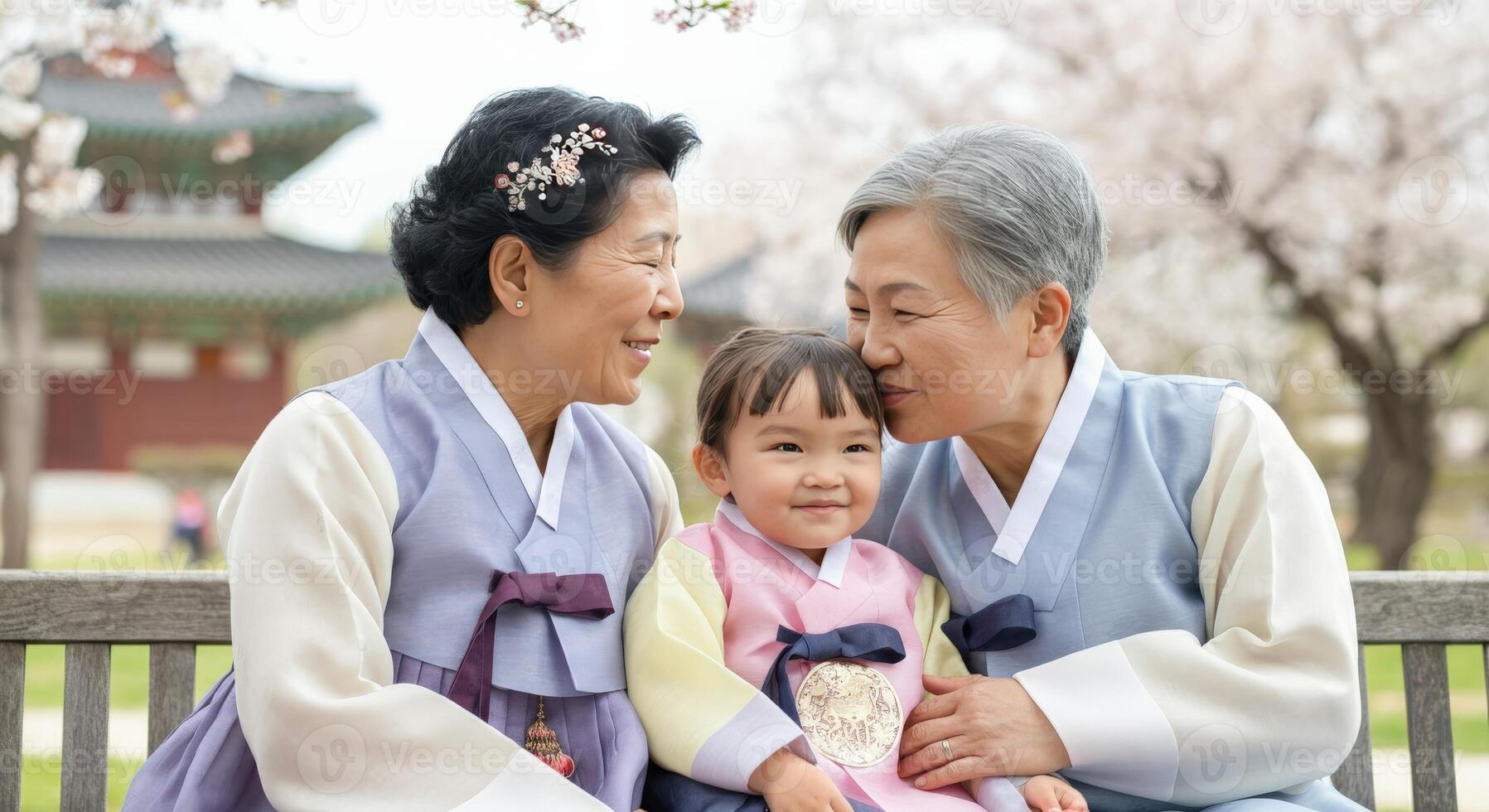 Celebration of tradition. elderly asian women and child in hanbok during spring in korean garden photo