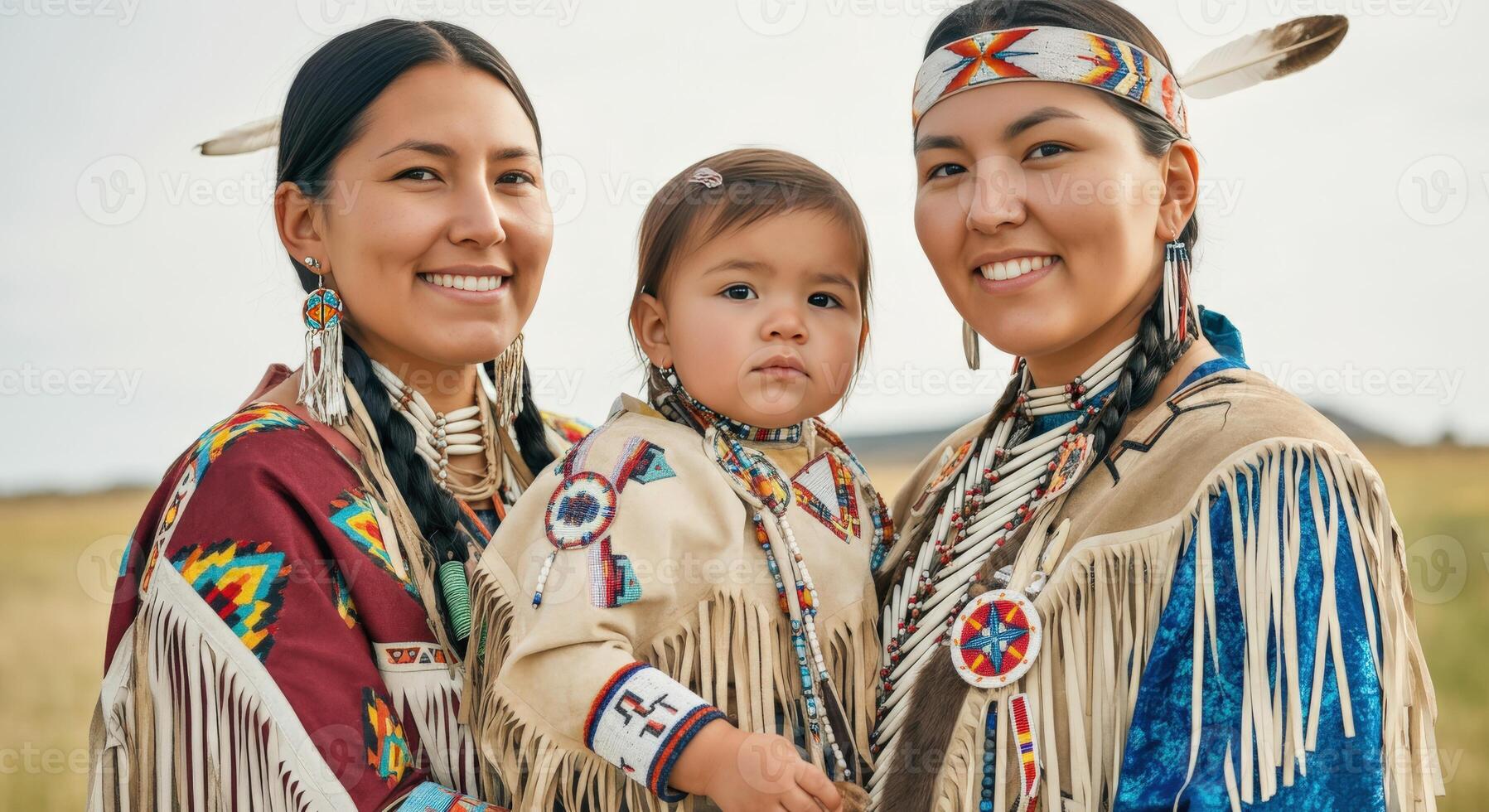 Native american family in traditional attire celebrating cultural heritage in natural setting photo