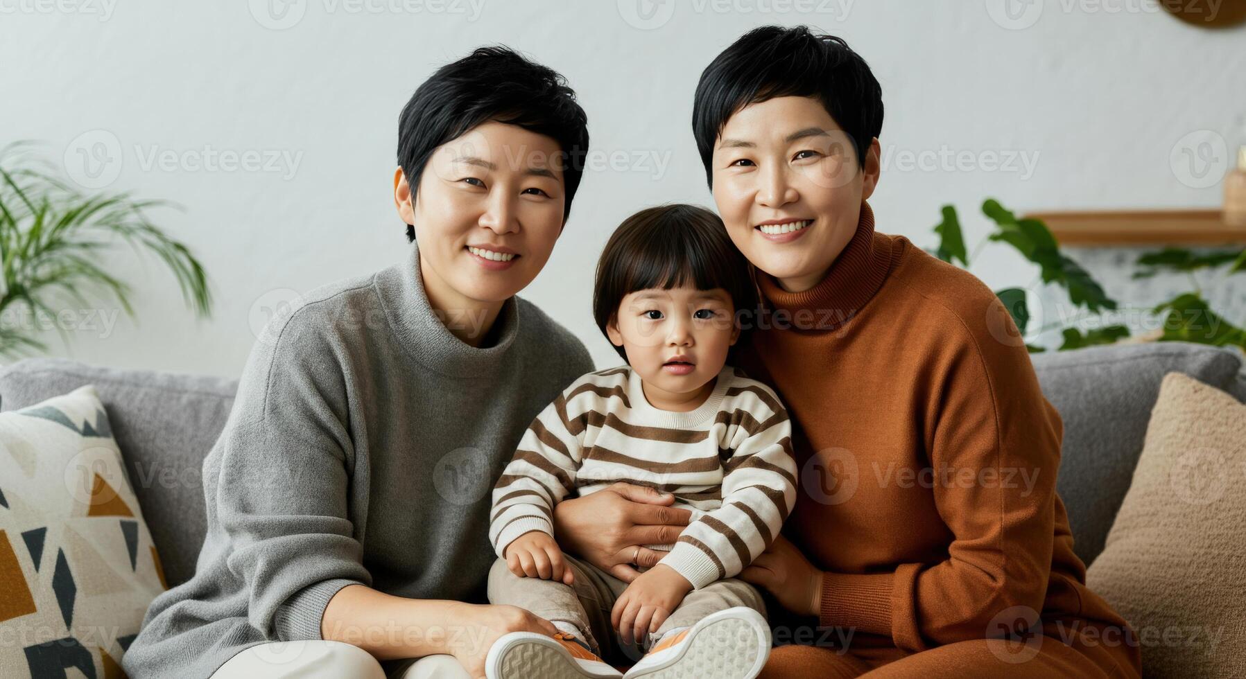 Happy asian family bonding at home. two women and child in cozy living room setting photo