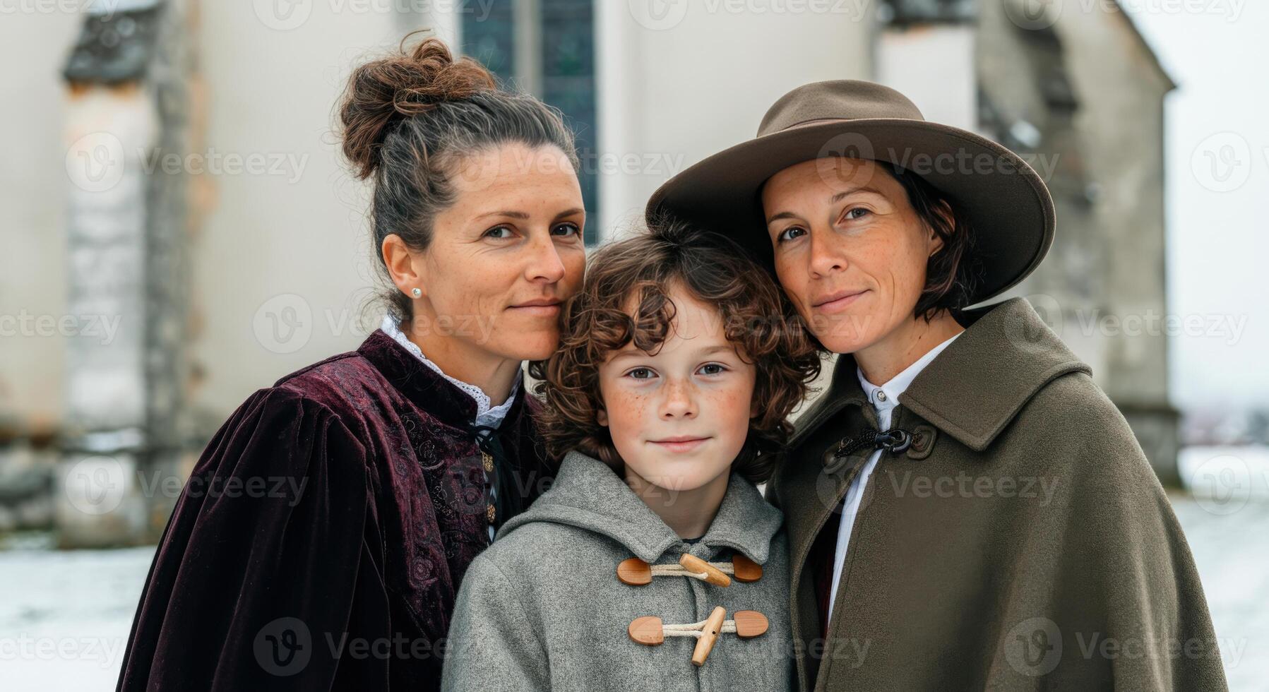 Family portrait outdoors with caucasian women and child in vintage clothing for heritage concept photo