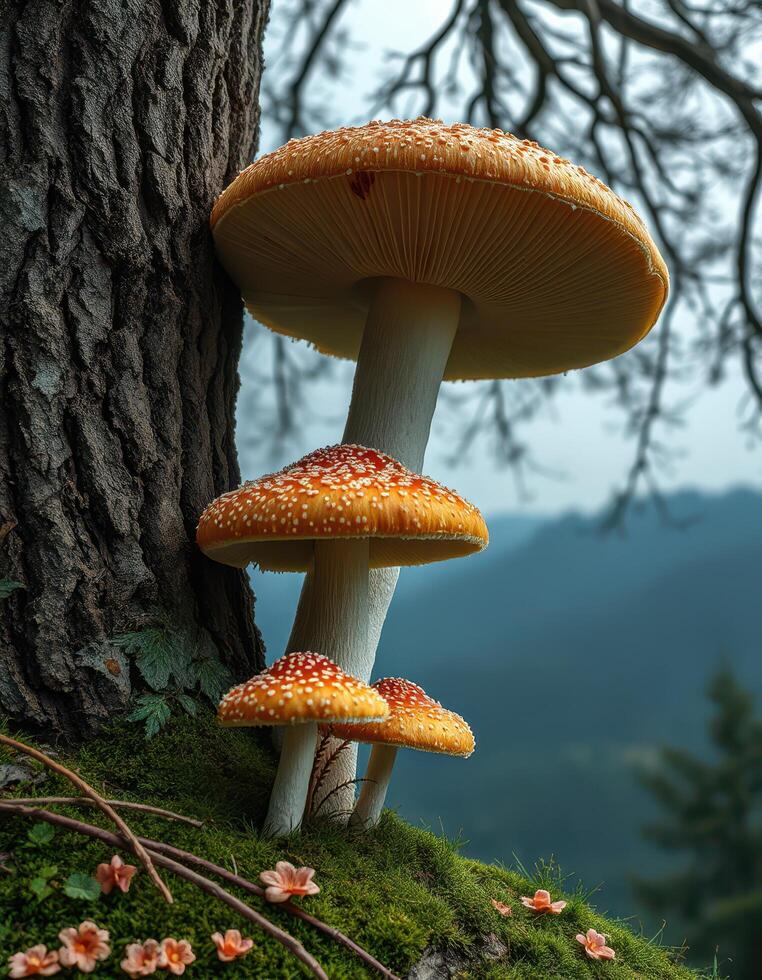 A group of mushrooms growing on a tree photo
