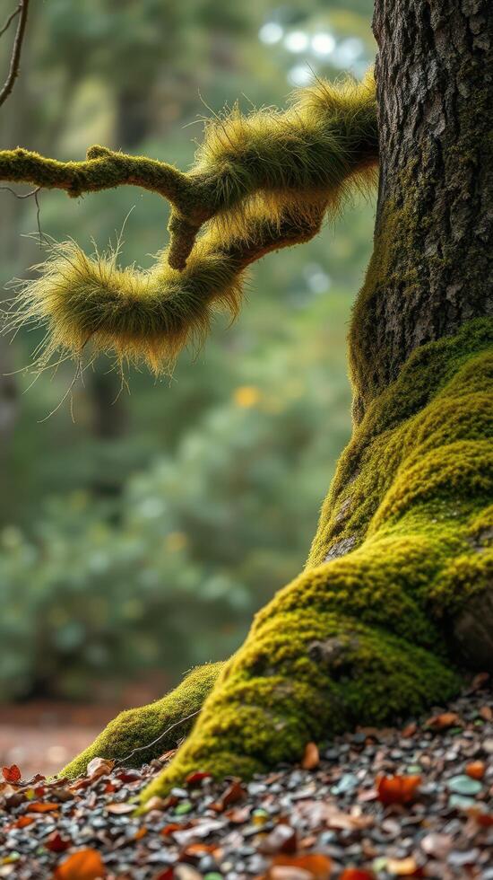 A mossy tree with leaves and branches photo
