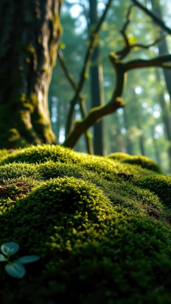 A moss covered tree in the forest photo