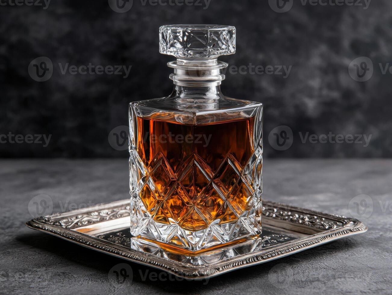 Crystal decanter of amber liquor on silver tray photo