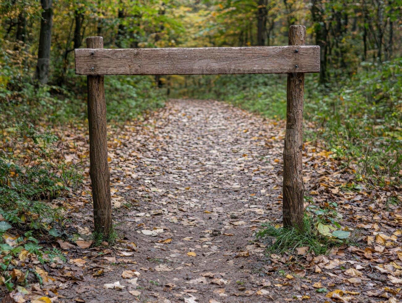 Blank wooden sign on a path in the woods photo