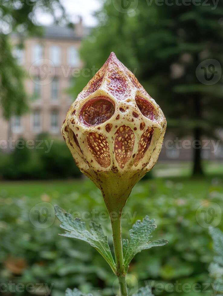 Closeup of a unique flower bud with intricate patterns photo
