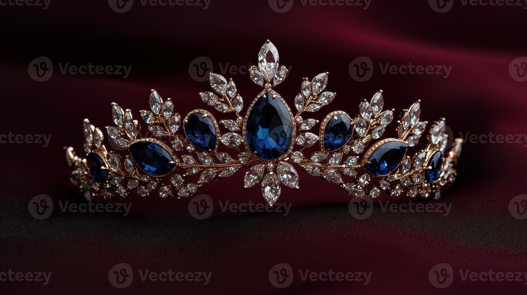 Sparkling tiara with blue gems and diamonds on dark red background photo