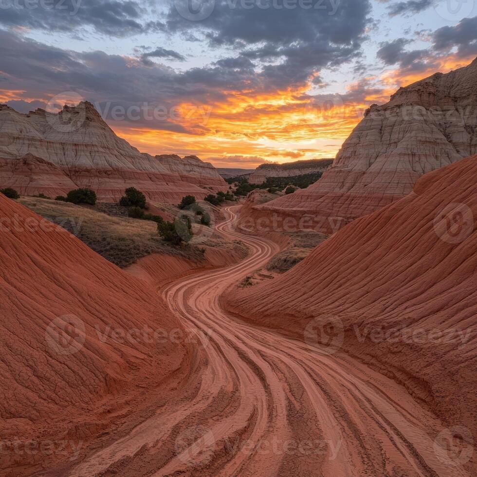 winding dirt road through red rock canyon at sunset photo