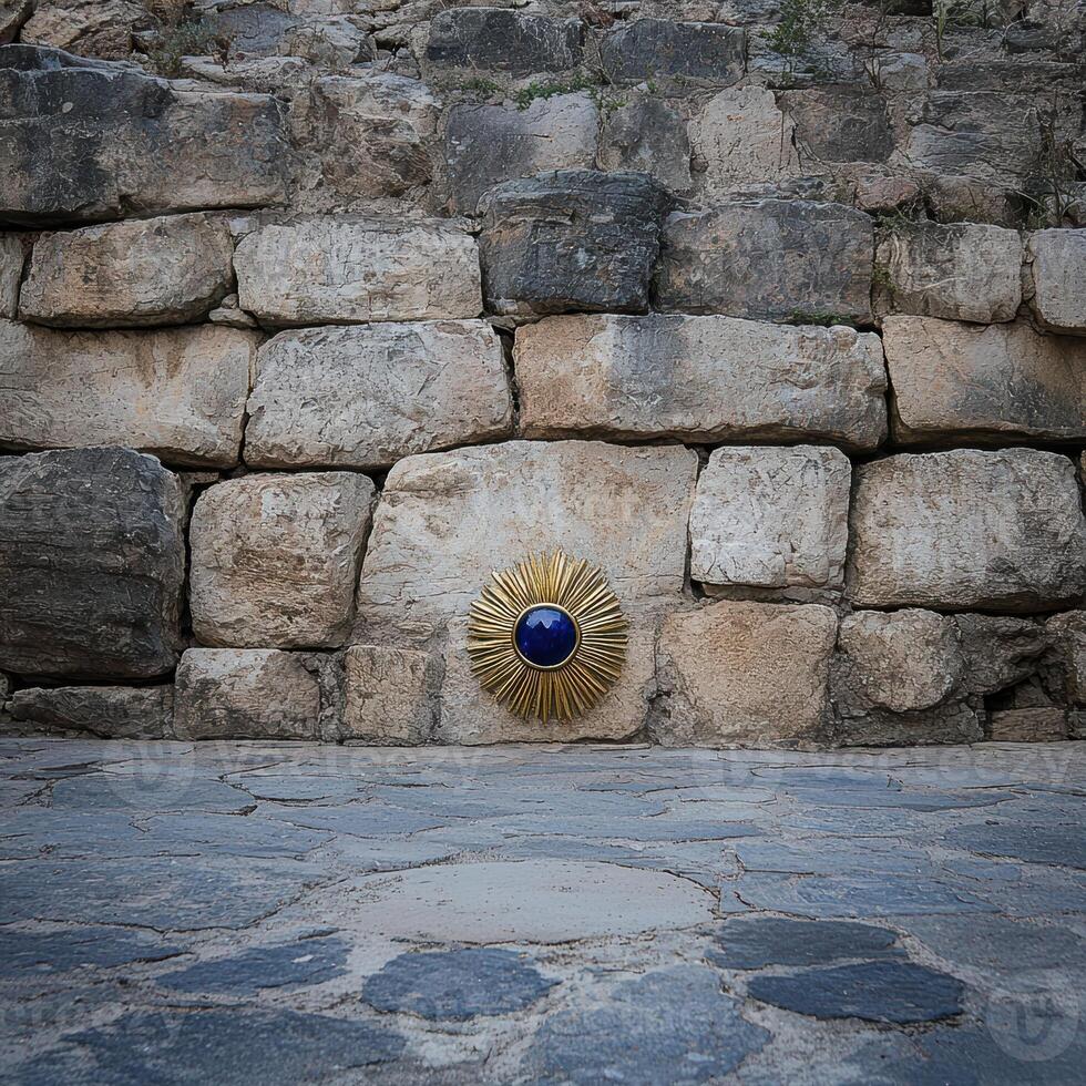 Gold sunburst wall decor on stone wall photo