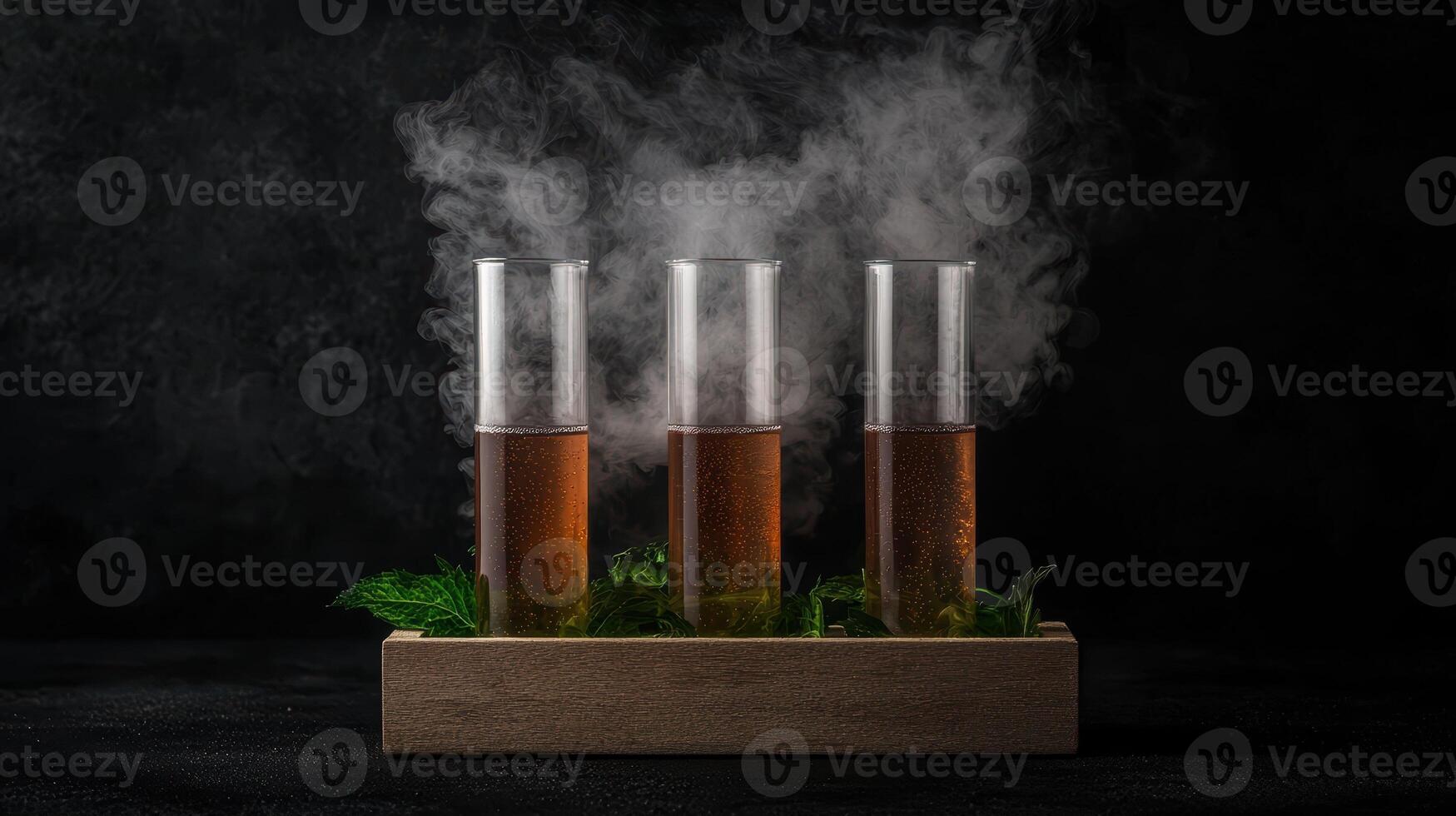 Three test tubes filled with a dark amber liquid sit on a wooden tray, emitting smoke photo