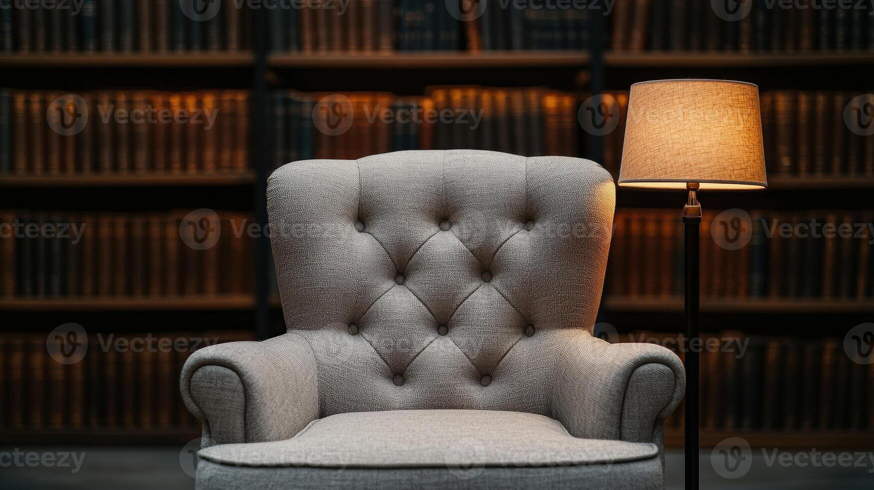 Comfortable armchair in a library with a warm lamp photo