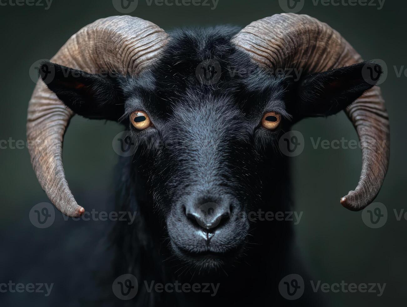 Close up portrait of a black ram with large horns photo